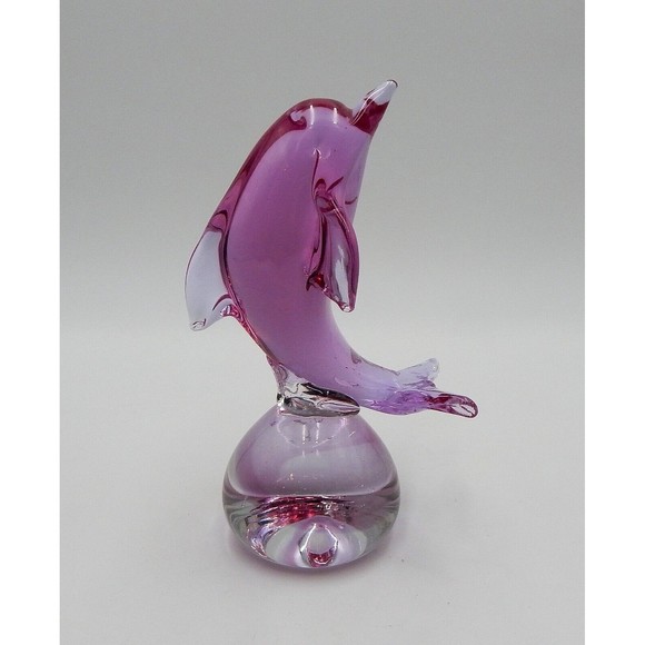 Art Glass Pink Dolphin on Ball Paperweight Desk Figurine 7 Inch - Picture 3 of 14